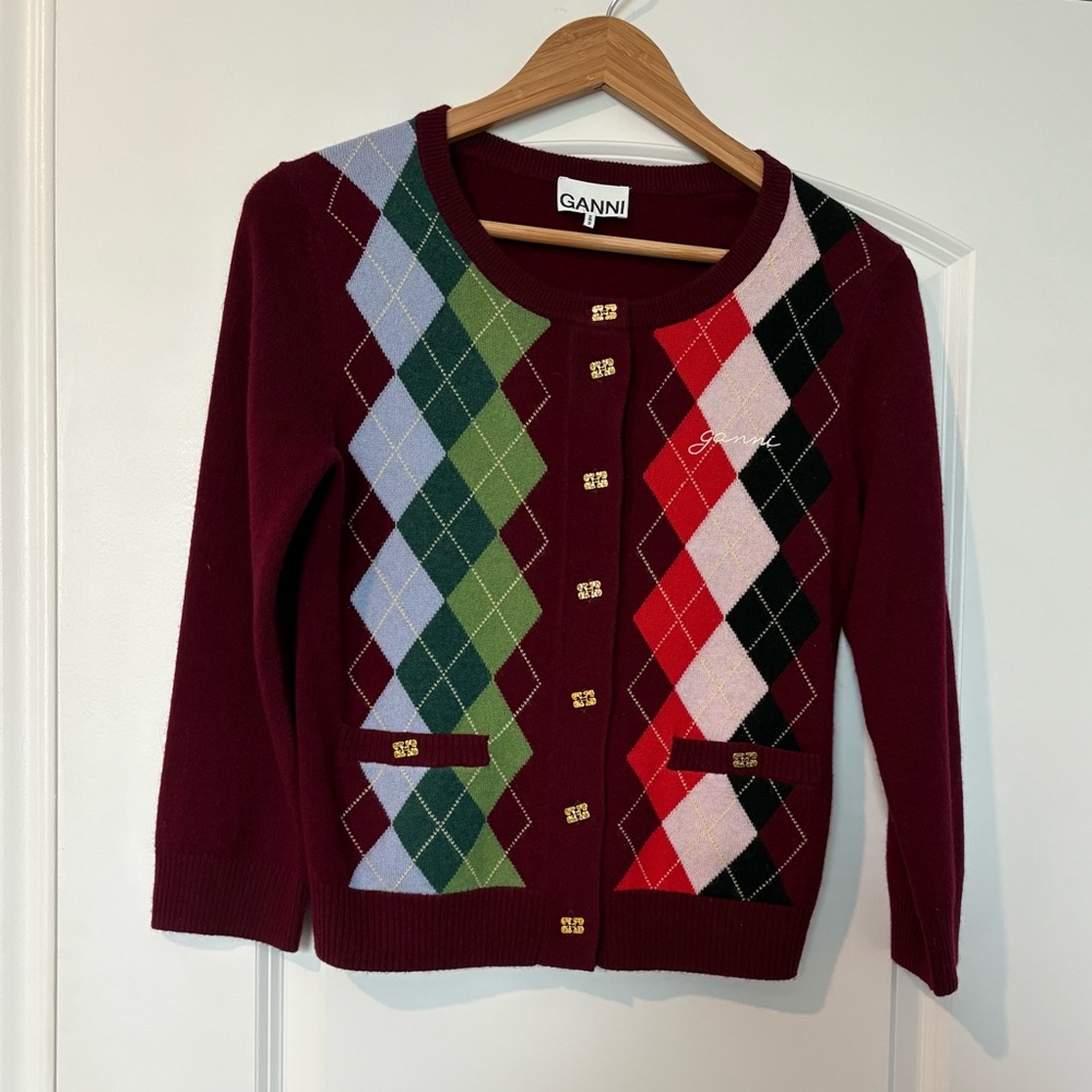 GANNI Argyle Wool-Cashmere Cardigan - Picture 1 of 10